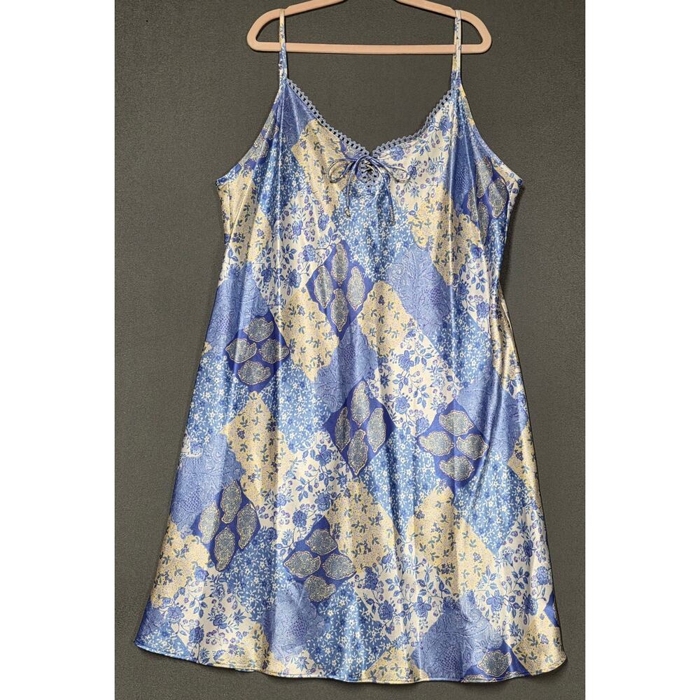 Sophia By Delicates Polyester Satin Slip Nightgown Blue Diamond Floral Large